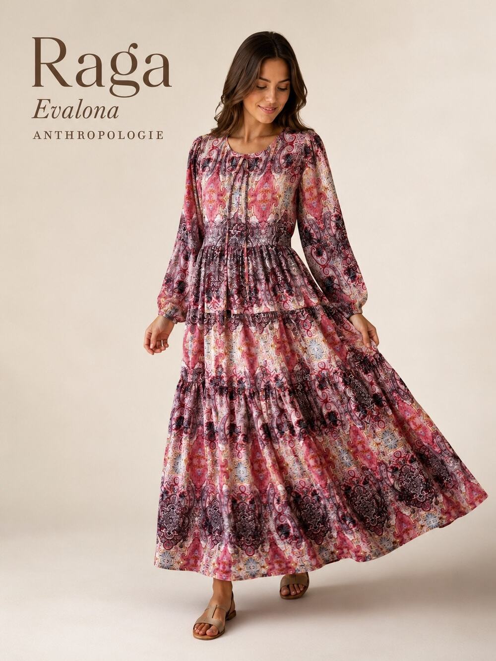 Raga Evalona Anthropologie Paisley Boho Maxi Dress Pink Women’s Sz M $158